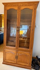 Oak Gun Display Cabinet with Glass Doors Lower Storage Cabinet