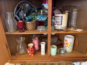 Box Lot of Assorted Glassware Vases Candle Holders Home Decor