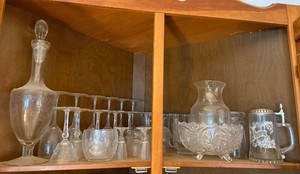 Lot of Vintage Frosted & Clear Glassware Decanter Stemware Bowl Stein