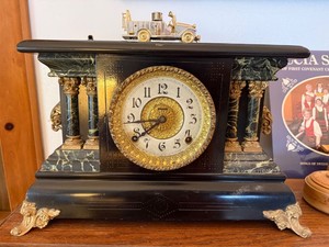 Antique Victorian Style Mantel Clock Black Marbleized Column Case