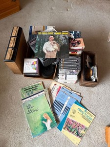 Mixed Vintage Media Lot VHS Cassettes CDs LP Sheet Music & Storage