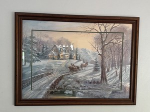 Large Framed Winter Landscape Wall Art Horse Sleigh Cottage Scene