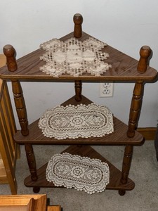 Vintage 3 Tier Woodgrain Corner Shelf Etagere Turned Spindle Stand