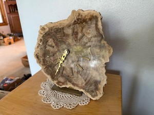 Vintage Petrified Wood Slice Quartz Desk Clock on Brass Tone Stand