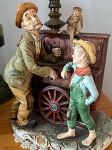 Vintage Porcelain Street Organ Music Box Figurine Man Boy Monkey