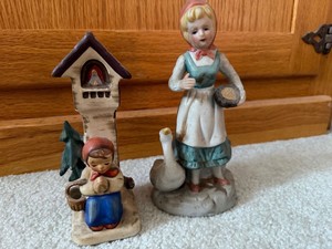 Pair of Vintage Hummel-Style Ceramic Figurines Shrine & Goose Girl