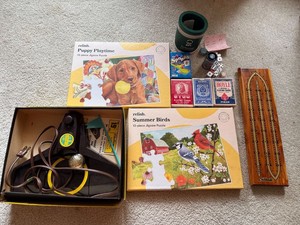 Box Lot of Vintage Card Games Puzzles Cribbage Golf Putting Game