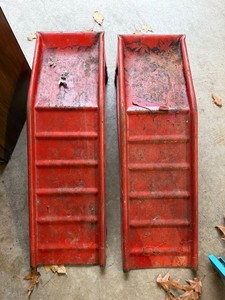 Pair of Vintage Heavy Steel Automotive Service Ramps Red Shop Ramps
