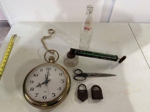 Vintage Mixed Decor Lot Pepsi Bottle Black Flag Sprayer Clock Locks