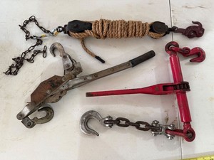 Lot of Assorted Come Along Cable Puller Load Binder & Pulley Rig