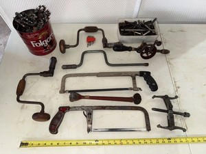 Vintage Hand Tool Lot Brace Drills Hacksaws Auger Bits Hex Keys