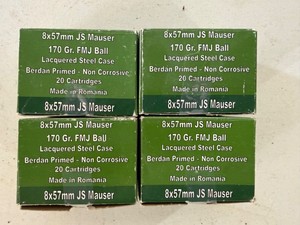 Romanian 8x57mm JS Mauser 170 Gr FMJ Ball Ammo 4 Open Boxes