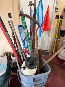 Box Lot of Assorted Yard Tools Pool Nets Sprayer & Vintage Hand Tools