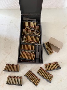 Ammunition Lot on Stripper Clips in Metal Ammo Tin See Photos