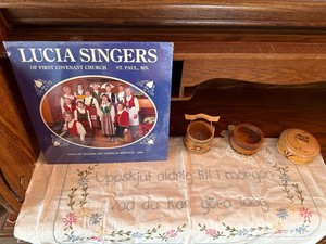 Swedish Folk Art Decor Lot Lucia Singers LP Linen Wooden Boxes