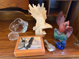 Bird Decor Lot Art Glass Cardinal Eagle Crystal Plaque & Knife Box