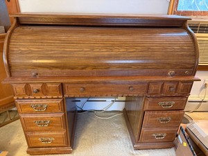 Traditional Oak Rolltop Desk with Drawers and Interior Cubbies
