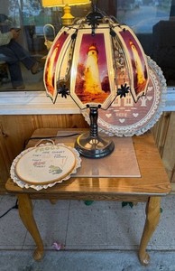 Mixed Vintage Decor Lot Lamp Oak End Table & Needlework Hoops