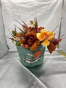 Fall Faux Floral Arrangement in Pumpkin Wagon Container