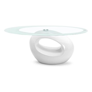 Modern Oval Glass Coffee Table  White High Gloss Hollow Base  Tempered Glass Top 41.3 x 21.6