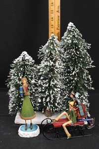 Winter Christmas Decor Mixed Lot - Trees, Figurines & Sled Scene