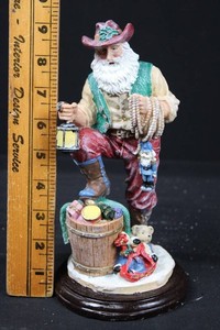 Santa Claus Figurine With Teddy Bear, Barrel & Western Details 9H