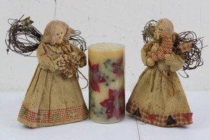 Vintage Rustic Fabric Angel Dolls & Decorative Pillar Candle Mixed Lot