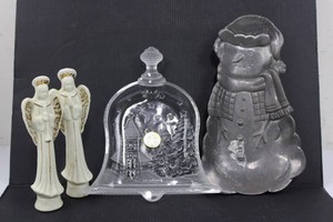 2 Angel Figurines, Glass Bell & Snowman