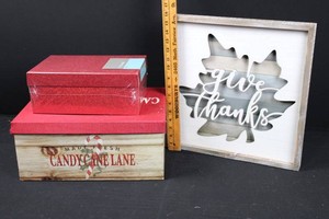 Seasonal Home Decor Mixed Lot - Give Thanks Sign & Storage Boxes