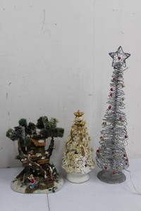 Christmas Decor Mixed Lot - Lighted Tree, Ceramic Tree & Boys Club Village