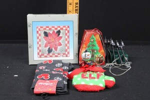 Christmas Decor Mixed Lot - LEGO, Disney Socks, Elf Ornament & Lights