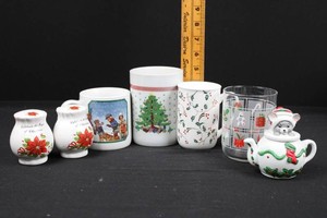 Christmas Holiday Decorated Mugs, Teapot, Glass & Shakers Mixed Lot