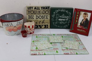 Christmas Decor Mixed Lot - Signs, Santa Containers, Frame & Gift Wrap