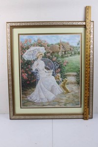 Framed Garden Scene Artwork With Woman, Dogs & Cottage