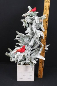 Flocked Artificial Christmas Tree With Cardinal Ornaments and Planter