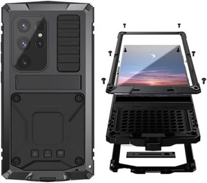 $23 Simicoo Compatible with Samsung Galaxy S25 Ultra Metal Bumper Case with Stand Screen Protector Camera Cover Hybrid Durable Metallic Military Dust Proof Heavy Duty Full Body Man (Black)