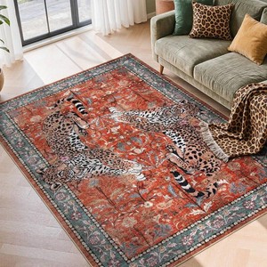 $53 Leopard 5x7 Area Rug, Boho Washable Living Room Rug, Non Slip Rugs for Bedroom, Ultra Thin Vintage Soft Stain Resistant Throw Floor Carpet for Office Dining Room, Rust