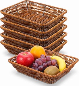$27 6 Pcs Wicker Bread Baskets for Serving, 10.4 x 8.1 x 2.4 Inch Rectangular Wicker Bread Basket, Rectangle Rattan Display Basket for Food Fruit Vegetables Snacks, Kitchen Restaurant Home Deco