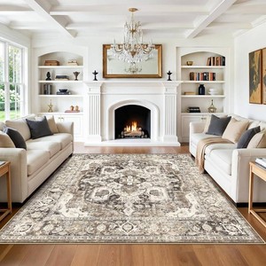 $90 Living Room 7x7 Square Rug Vintage Washable Non-Slip Area Rugs with Rubber Backing for Bedroom Nursery Soft Thin Stain Resistant Carpet Floor Decor Mat for Dining Room Kitchen (Beige, 7X7)