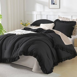 $52 Andency Black Comforter Set Full Size, 3 Pcs Solid Ruffle Vintage Bedding