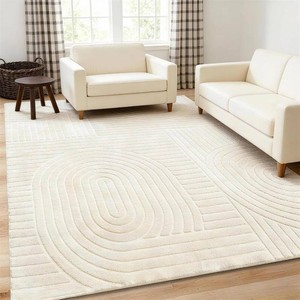 $60 5x7 Solid Beige Area Rugs for Living Room, Geometric Washable Rug