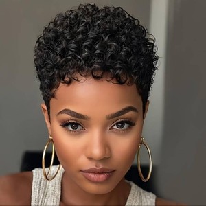 $20 Short Curly Pixie Cut Wigs with Bangs Human Hair for Black Women Non Lace Full Machine Made Rose Net Cap Human Hair Pixie Wig Brazilian Virgin Glueless Bob Wig Human Hair Short Layered Wigs For Women