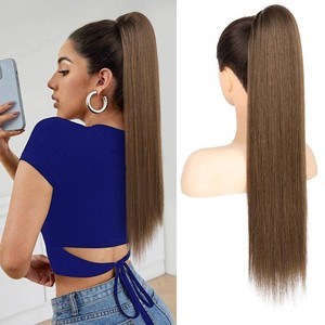 Flufymooz ponytail extension, 26 Inch Long Straight Drawstring Ponytail Synthetic Hairpieces Fake Pony Tails Natural Soft Clip in Hair Extension ponytail for Women (Medium Brown with Medium Auburn)