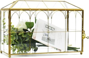 $42 Large Gold and Glass Card Box for wedding with Lock and Slot - Wedding Envelope Card Holder for Reception Clear Lock Box with Key Geometric Handmade Vintage Card Box for Wedding Party