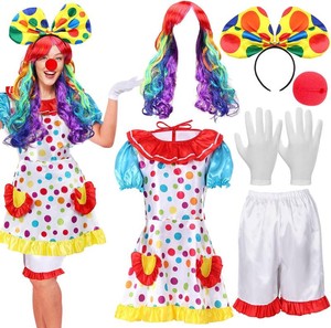 $35 6 Pcs Halloween Clown Costume Women Circus Dress Rainbow Wig