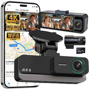 $80 4K2.5K2.5K 3 Channel Dash Cam - FrontRearInside - 5.8GHz WiFi 6 Dashcam with IR Night Vision, 64GB Card, 24H Parking Mode, G-Sensor - Car Dash Cam for Rideshare & Taxi