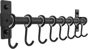 Kitchen Utensil Holder Hanger, Pot and Pan Rack Wall Mount, Kitchen Rail with 8 Hooks for Hanging Cooking Utensils, Mugs, Spoons, Wall Mounted, Stainless Steel, Black