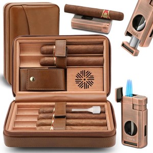 $50 TISFA Cigar Humidor, Leather Cedar Wood Cigar Case with Cigar Lighter, V Cut Cigar Cutter, Cigar Holder 3 in 1, Portable Travel Cigar Humidor Box with Humidifier (Brown)