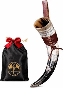 $32 OLDEMPEROR Viking Drinking Horn - 12 Inch with Leather Holster  Handmade Beer Cup  Food Grade  Genuine Ox Horn  Natural Shine Finish  LARP  Viking Chirstmas Gifts for Men & Women