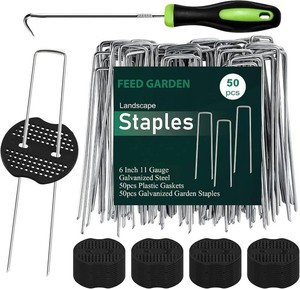 6 Inch 50 Pcs Galvanized Landscape Staples 50 Pcs Gaskets Pick Hook Garden Stakes 11 Gauge Anti-Rust Landscaping Fabric SOD Pins U Shaped Yard Turf Stakes for Weed Barrier Fabric